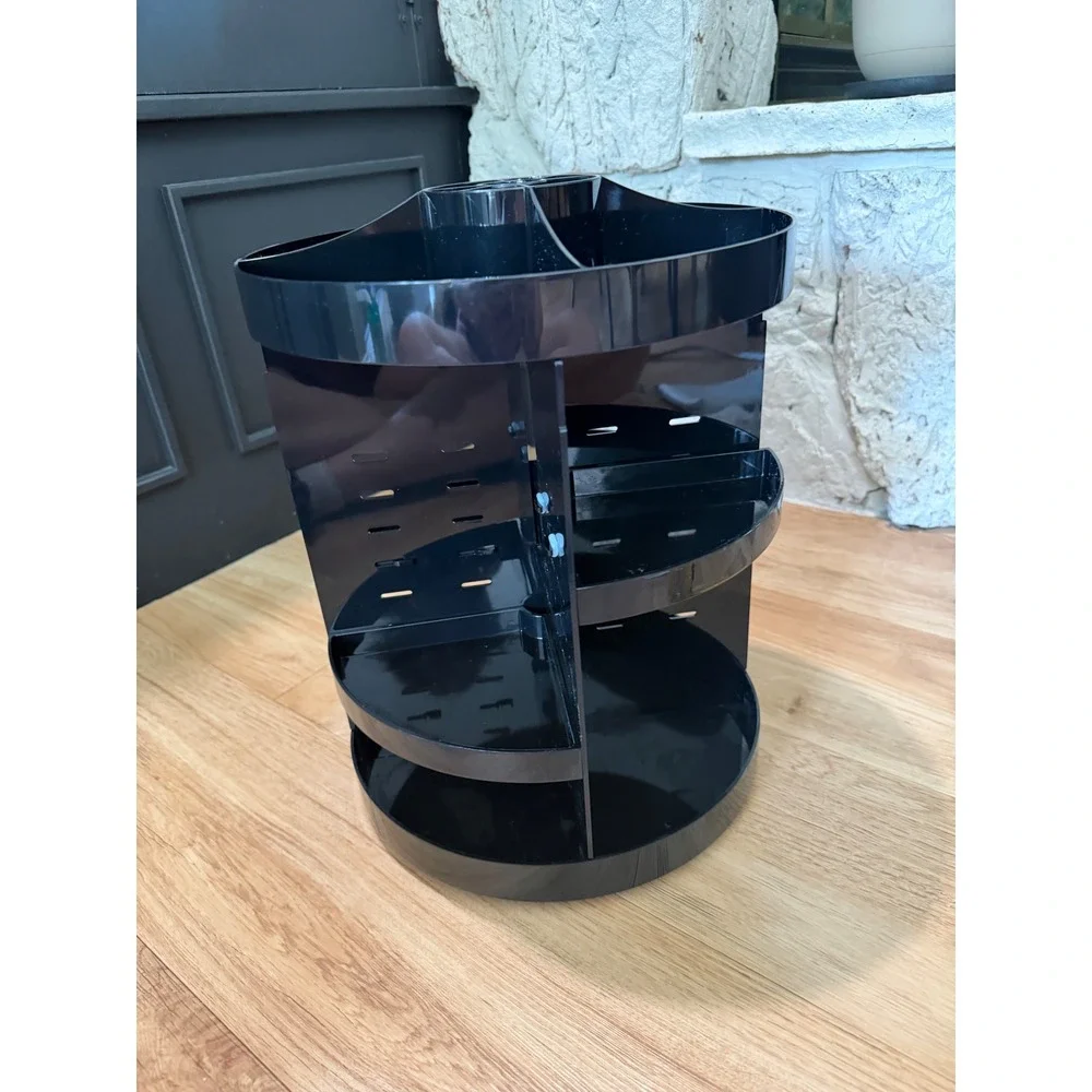 Rotating Makeup Organizer 360 Degree Spinning Black Acrylic Vanity Storage Tower